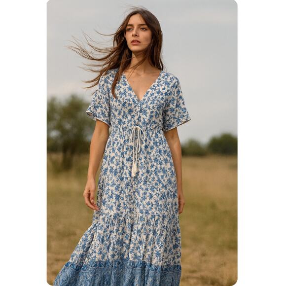 R. Vioimos Dress Ties Peasant Blue Boho Floral Long Flowy Comfortable Cottage 16 - Picture 1 of 10